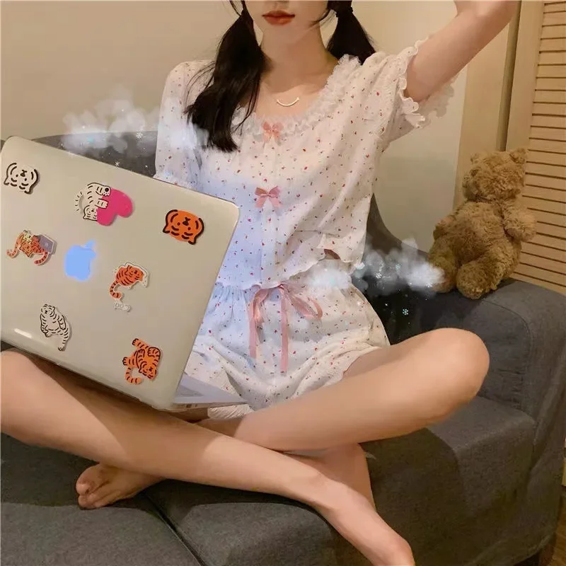 Summer Girls Short Sleeves 2/pce Pajama Lady Floral Print Casual Loose Pajama Loungewear Women Lace Bows Indoor Sleepwear Pajama view 6