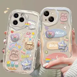 Cute 3D Cartoon Bear Rabbit Gradient Wave Phone Case For IPhone 13 15 Pro Max 14 11 12 Mini XR 6s 6 8 7 Plus X XS SE Soft Cover