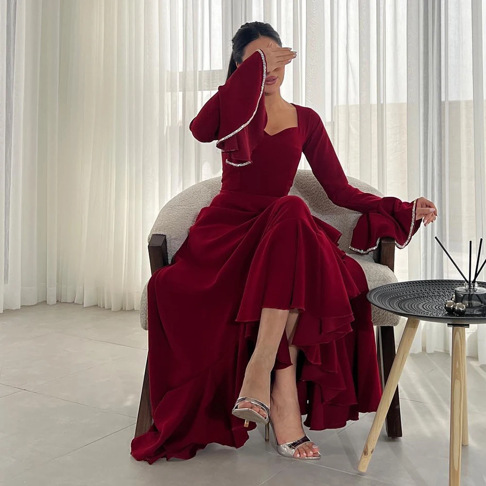 Customized Exquisite Jersey A-Line Flare Sleeves Crystal and Tiered Evening Dress Long Sleeves Strapless Burgundy Prom Dress