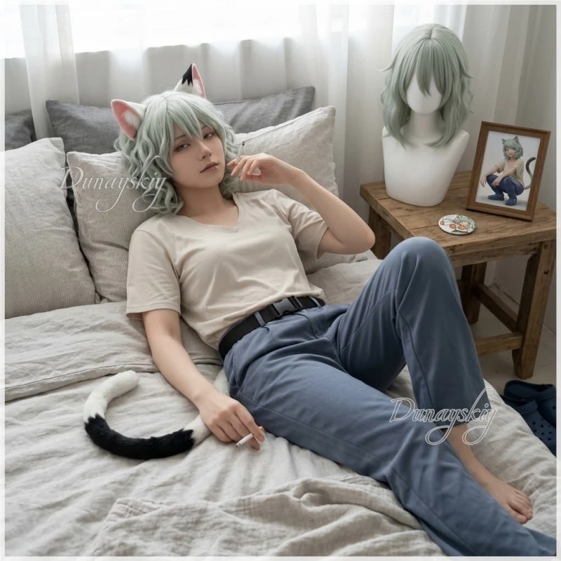 Mint Wigs Yanineko Chainsmoker Cat Cosplay Costume Tshirt Pants Furry Cat Anime Earwear Headband Tail Full Set Halloween Party