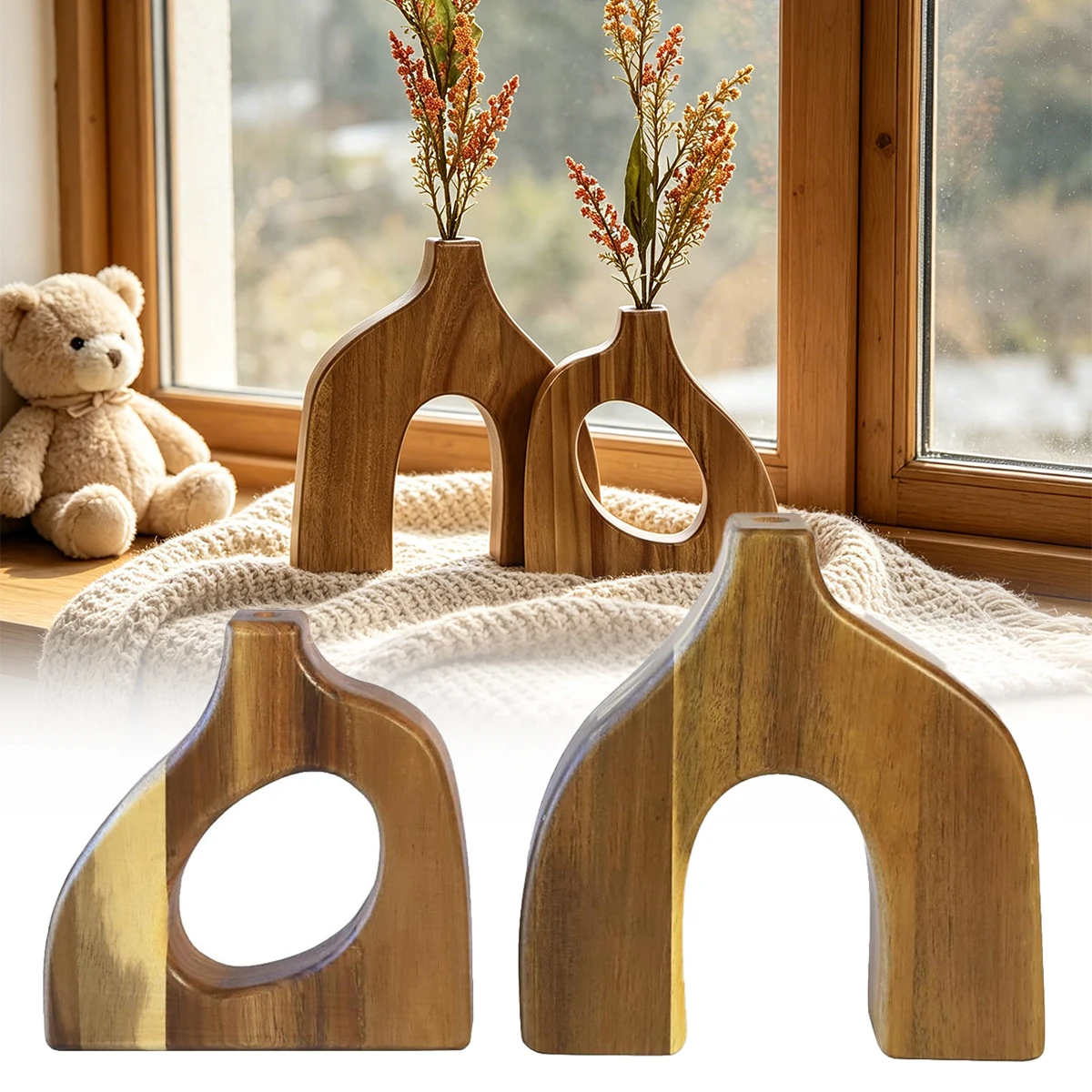 2PCS Wooden Vases Small Decorative Table Centerpiece Scandinavian Living Room Decor Faux Plant Holder Modern