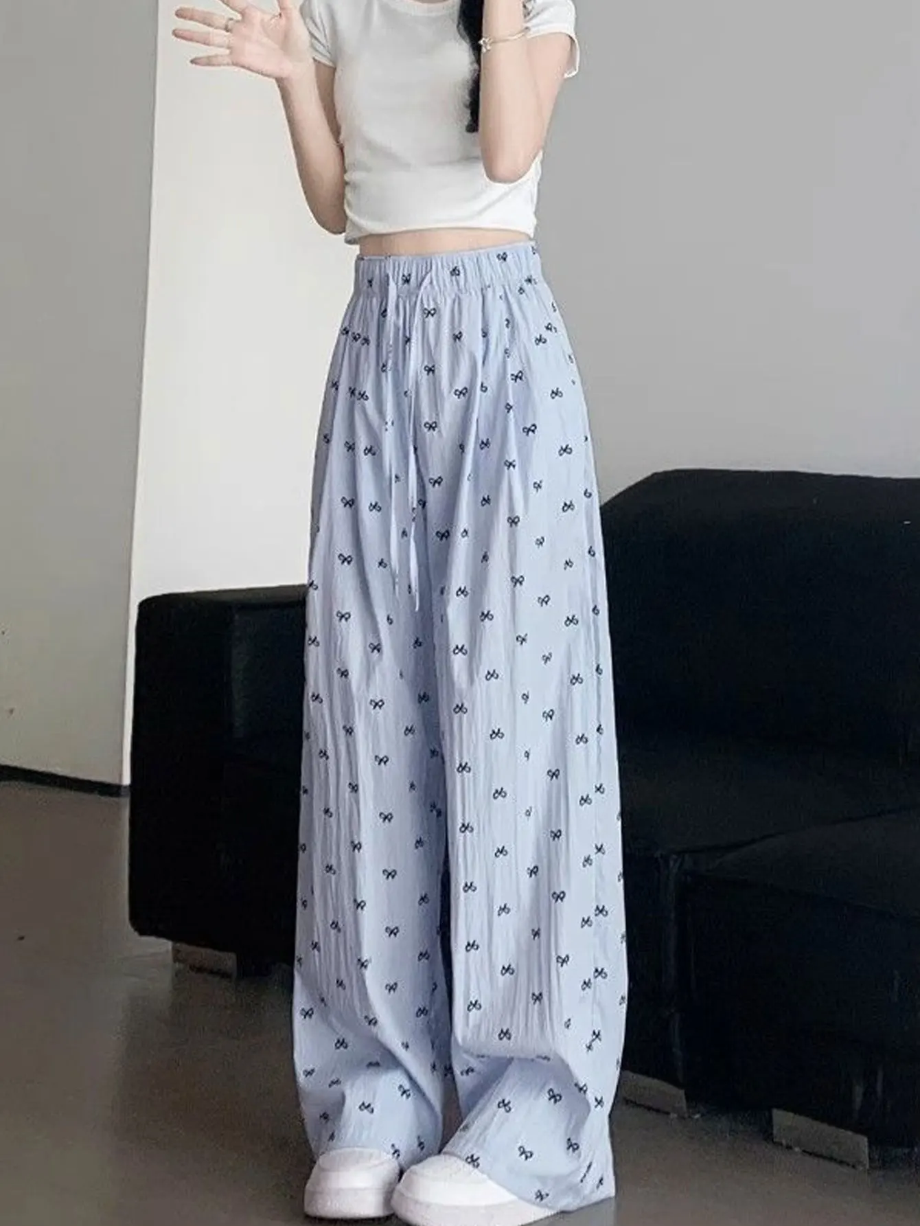 แฟชั่นโบว์กางเกงขากว้างผู้หญิงฤดูร้อนเอวสูงสลิมมิ่ง