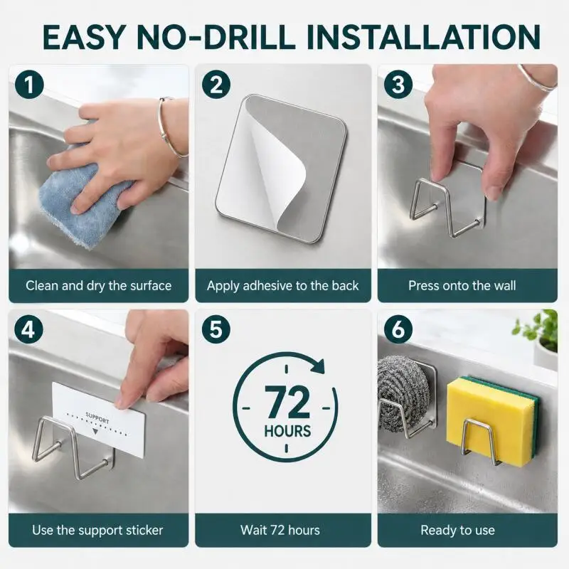 Self-Adhesive Stainless Steel Sponge Holder, No-Drill Sink Caddy for Scrubber, Cloth, Lid, Kitchen & Bathroom view 6