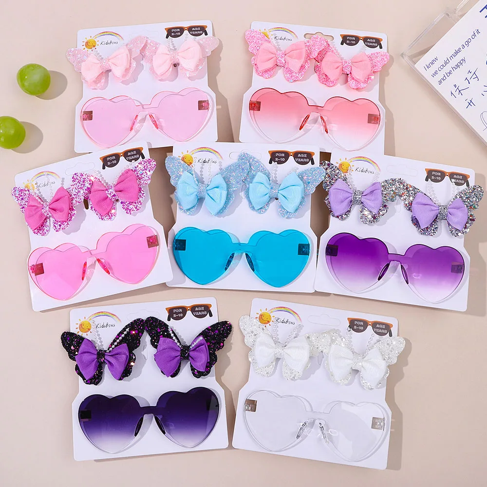 Lovely Sparkling Butterfly Hair Clip Hair Accessories Glasses Set Fashion Wave Point Kids Hairgripes Love Glasses Girls Headwear