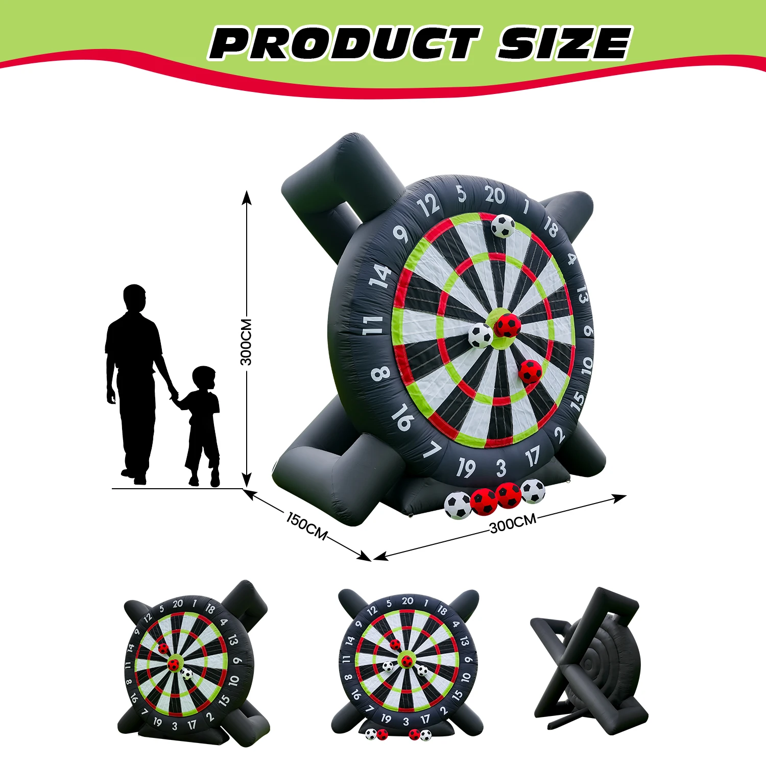 10 Fuß hohe, riesige, aufblasbare Dartscheibe mit Fußballmotiv, inklusive 8 Fußbällen und Gebläse, für den kommerziellen Einsatz auf Kinderspielplätzen. – Detail 1