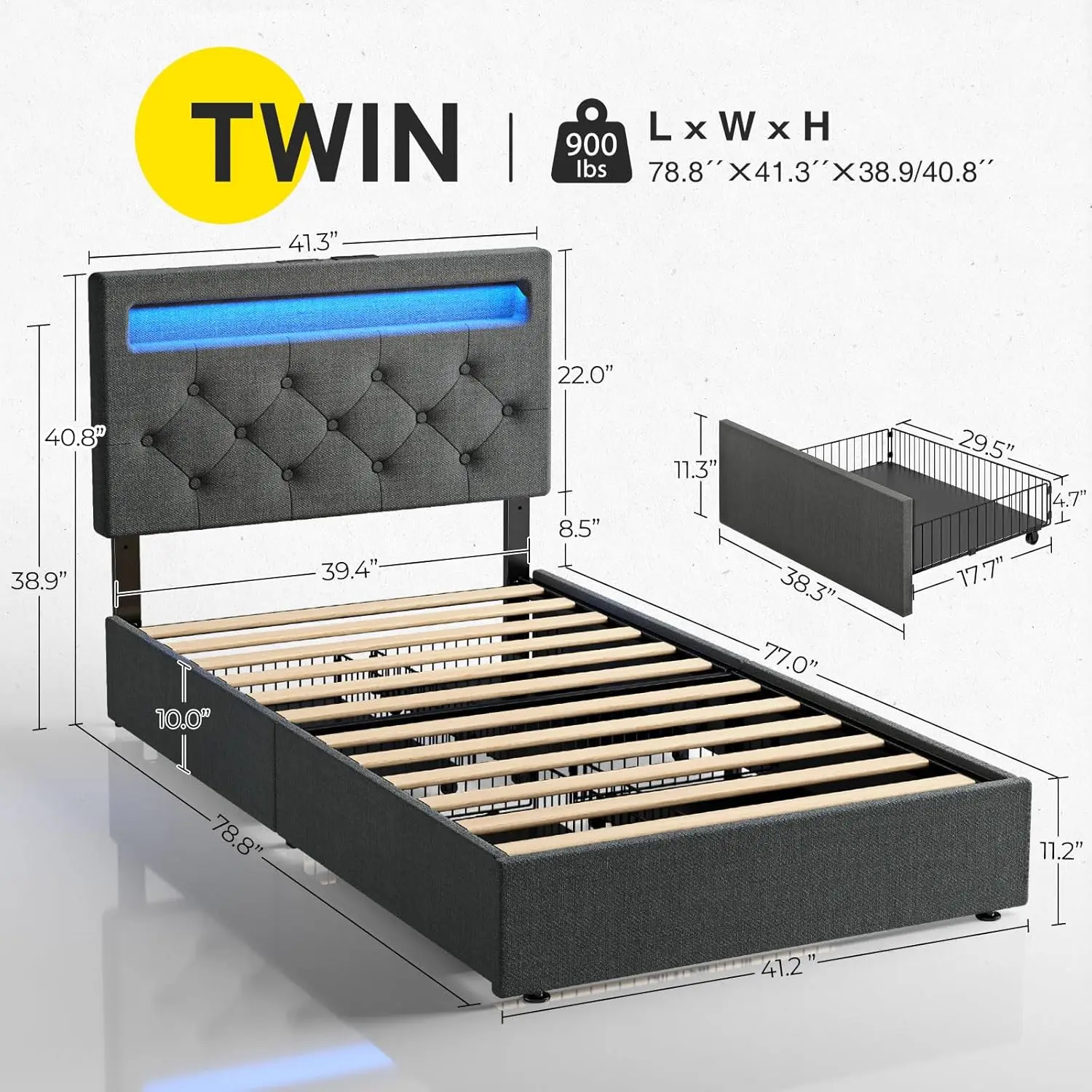 Twinsize bedframe met laadstation en LED-verlichting, gestoffeerd bed met verstelbaar hoofdeinde en 4 opbergladen