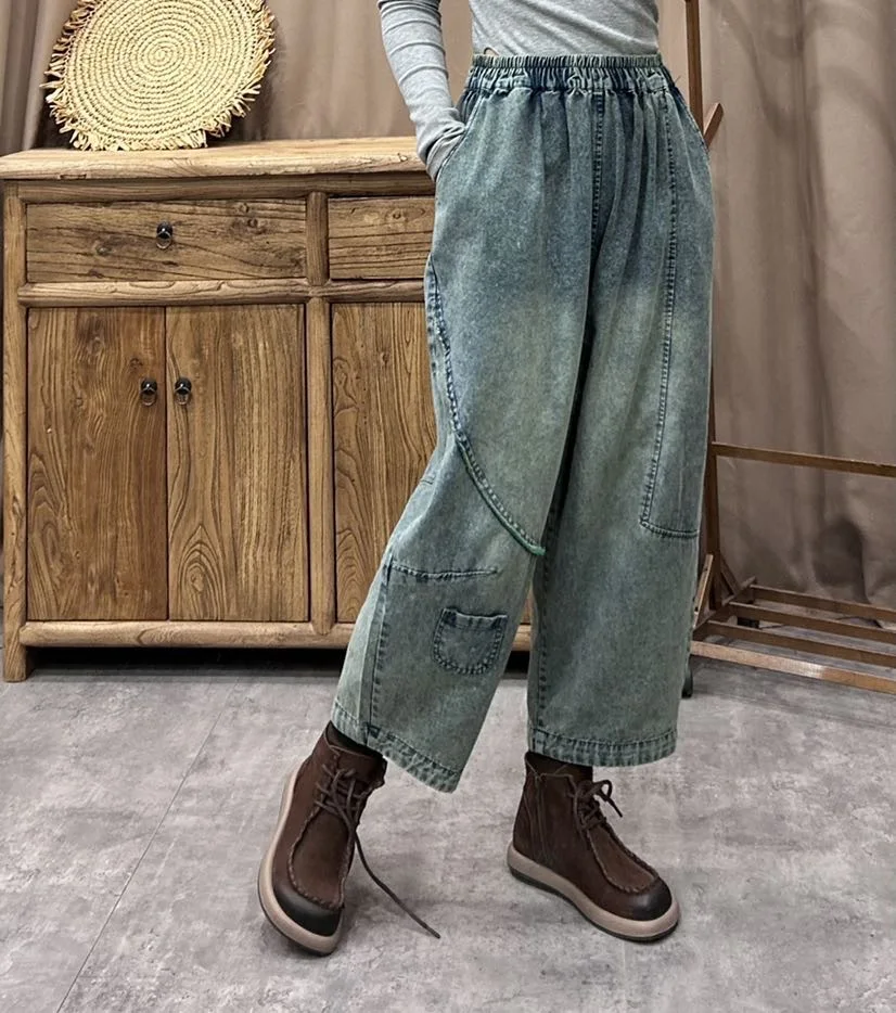 2024 New Woman Autumn Retro Ethnic Style Simple Literary Solid Color Jeans Elastic Waist Loose Streetwear Denim Wide Leg Pants