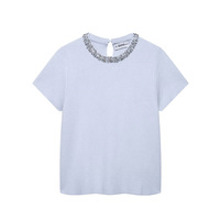 Willshela Women Fashion With Pearls Blue Knitted Pullover Sweater Vintage O-Neck Short Sleeves Female Chic Lady Tops