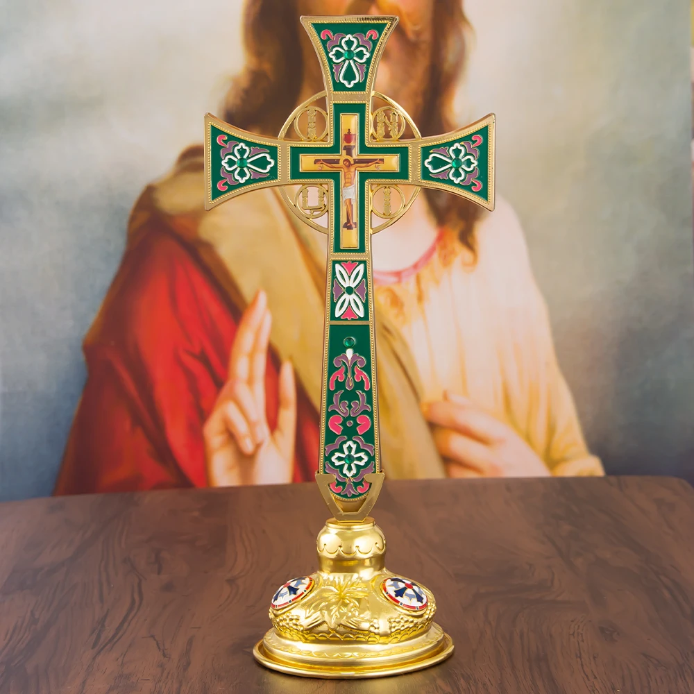 HTISOK Orthodoxes Altarkreuz im Byzantinischen Stil, Vergoldet, Emailliert, Stehendes Jesus-Kruzifix zur Kirchendekoration, Orthodoxes Kreuz – Detail 13