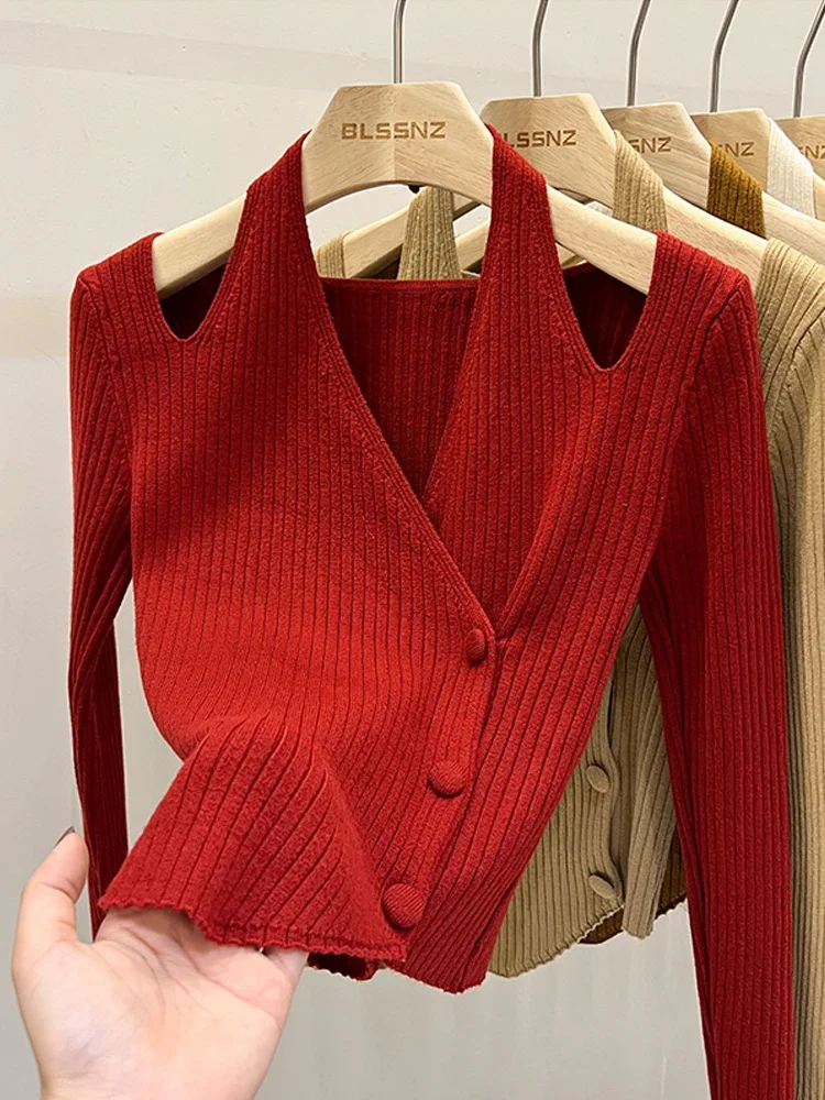 

Slim Sexy Retro V Neck Christmas Red Sweaters Irregular Hollowed Out Collarbone Hanging Sweater Knitted Top Grunge Shirts