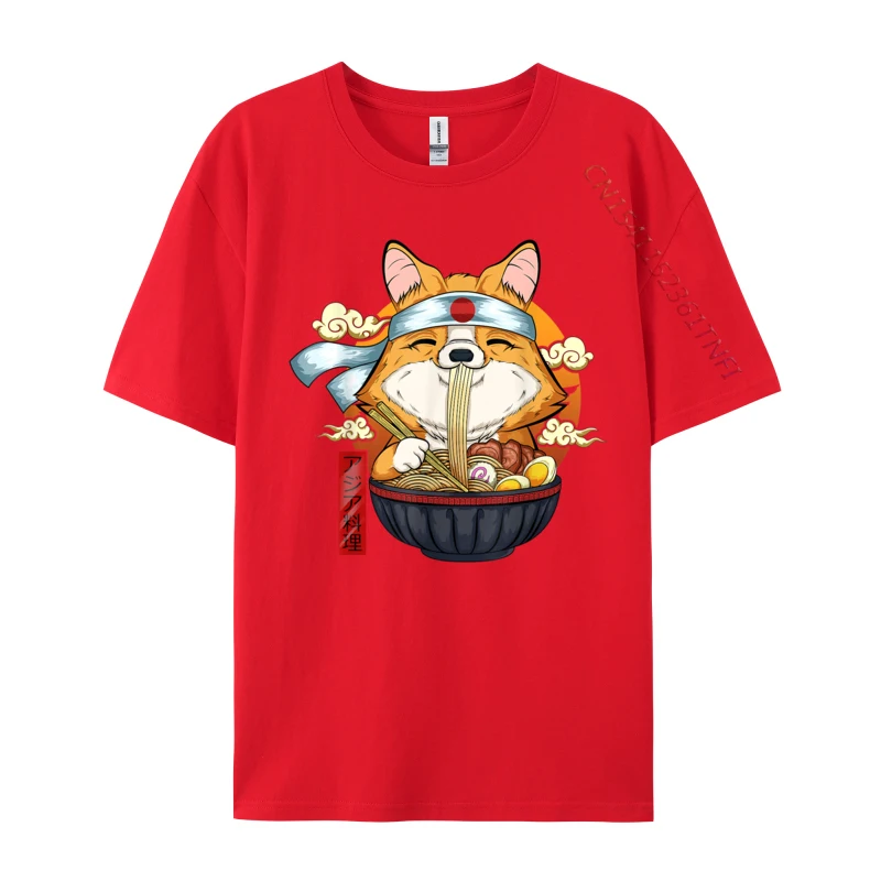 Ramen Kawaii Corgi Puppy Japanese Noodles Personalized Cotton Fabric Tops Tees for Mens Unique Tshirts Design Plain T Shirt