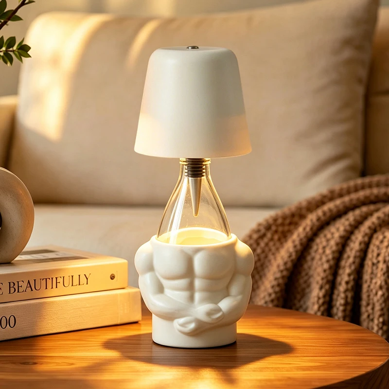 New Muscular Man Resin Table Lamp USB Rechargeable 3 Color Dimmable Night Light Muscle Figure Bedroom Bar Desktop Decor Gift