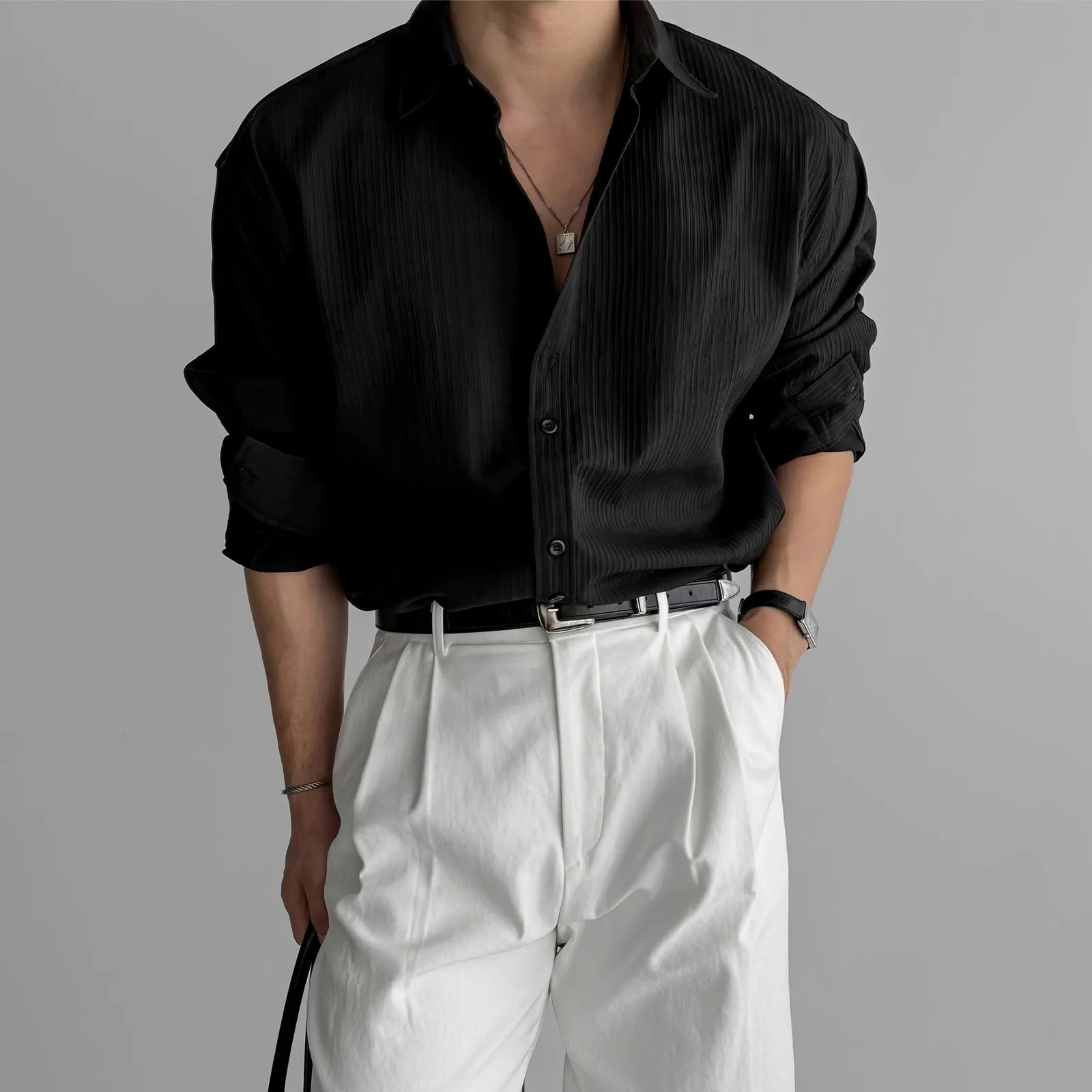 

Black Long Sleeve For Men, High-End Vertical Striped Texture, Mature Style, Versatile, Wrinkle-Free, Casual Business Shirt