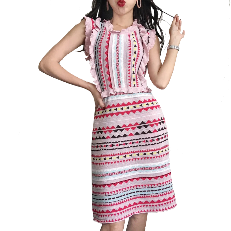 Retro 3d Jacquard helle Regenbogen gestreifte Strickkleid Rüschen ärmellose hohe Taille Pilz Tank plissiert A-Linie Party kleid Vestido