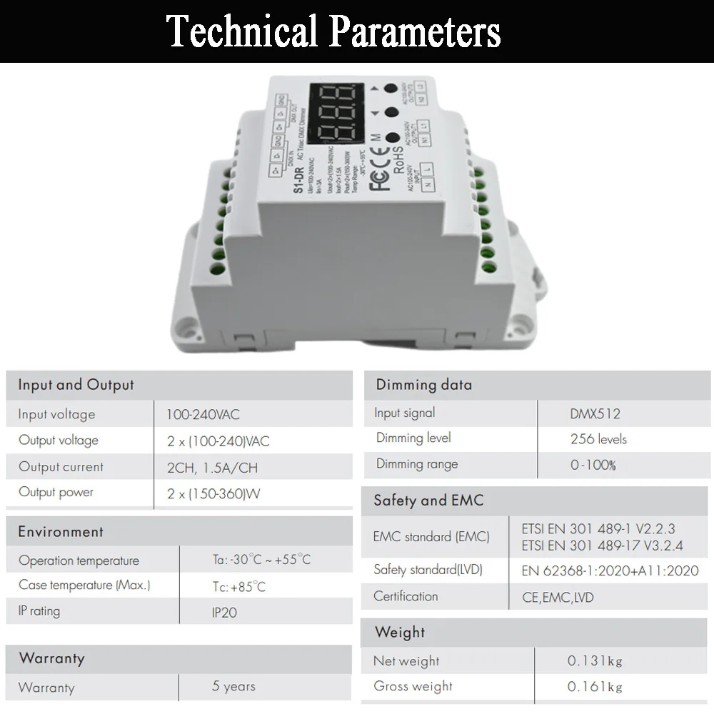 AC Triac DMX Dimmer Two Channel Output 2 Channel Dimmer Triac Dimmable Input Voltage 100-240VAC Output Voltage 2 x 100-240VAC