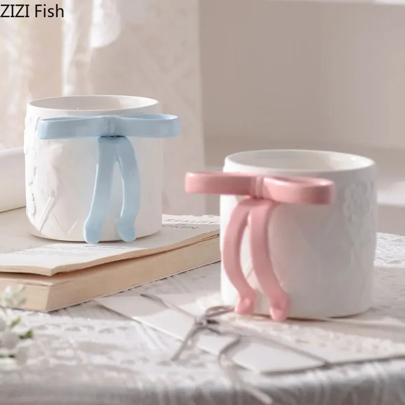 Cute Bowknot Decorative Mug Ceramic Cup&saucer Dining Table Coffee Cup Milk Tea Mugs Afternoon Tea Teacup Fruit Juice Container