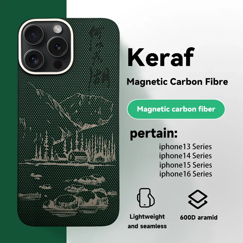 

Original Simple Green Lake Light Thin Kevlar Aramid Carbon Fiber Magnetic Phone Case For iPhone13 14 15 16 Pro Max New Anti-drop
