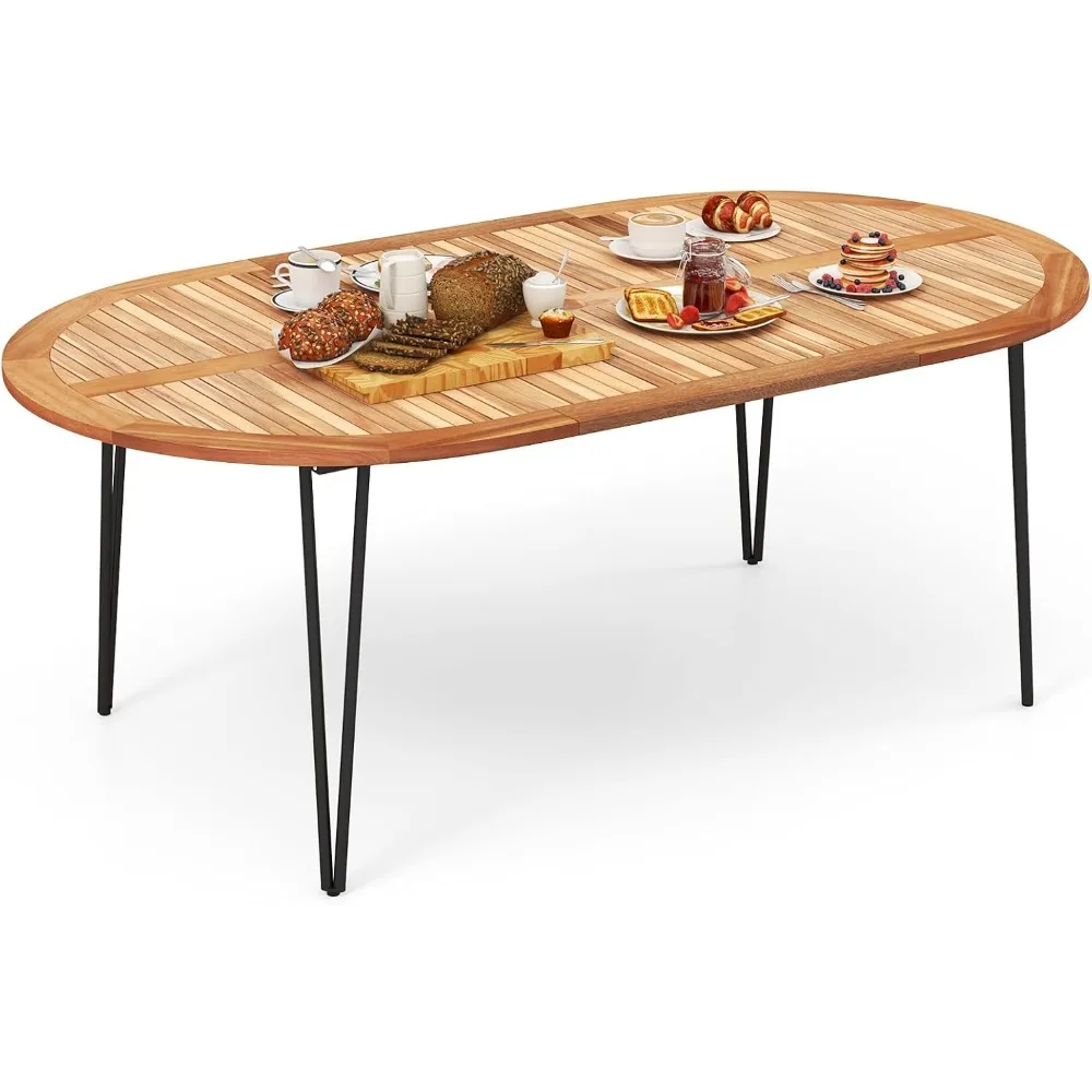 

79-Inch Patio Dining Table, Indoor & Outdoor Dining Table w/Umbrella Hole, Acacia Wood Tabletop & Sturdy Metal Legs, Wood Oval