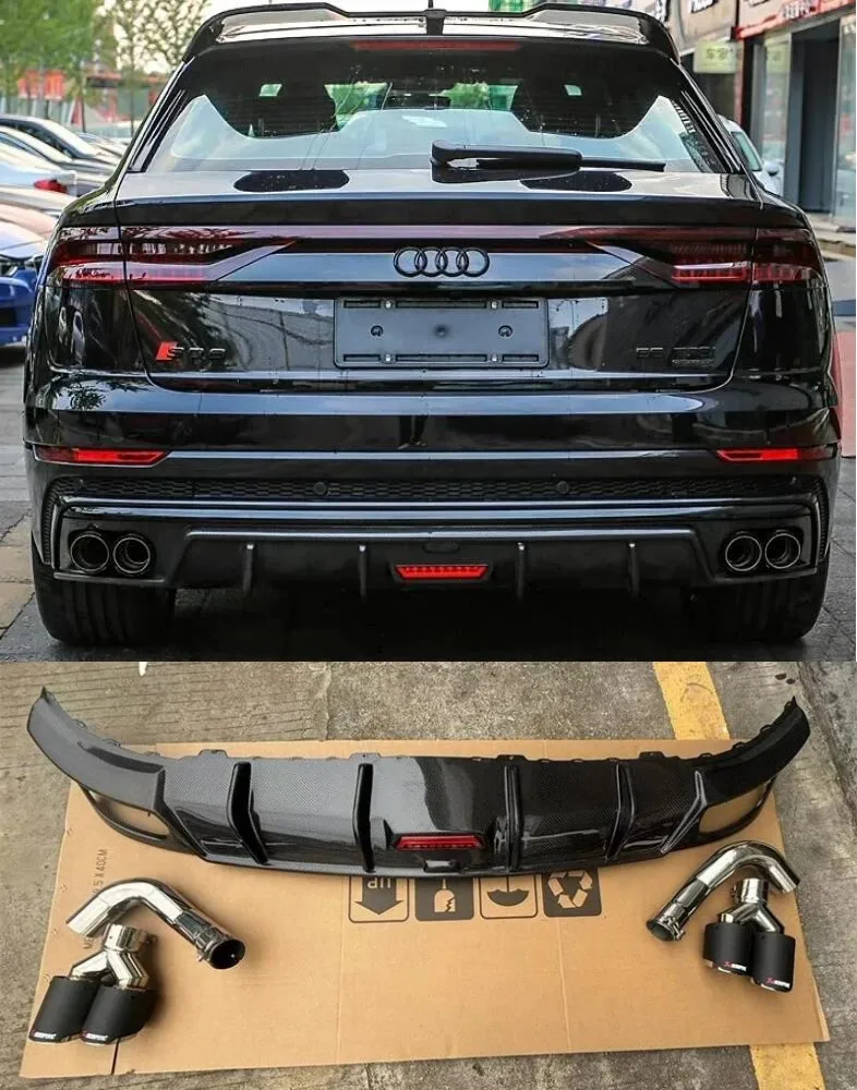 

For Audi Q8 SQ8 2019-2023 Real Carbon Fiber Rear Diffuser Car Bumper Lip Trunk Spoiler Exhaust Body Kit