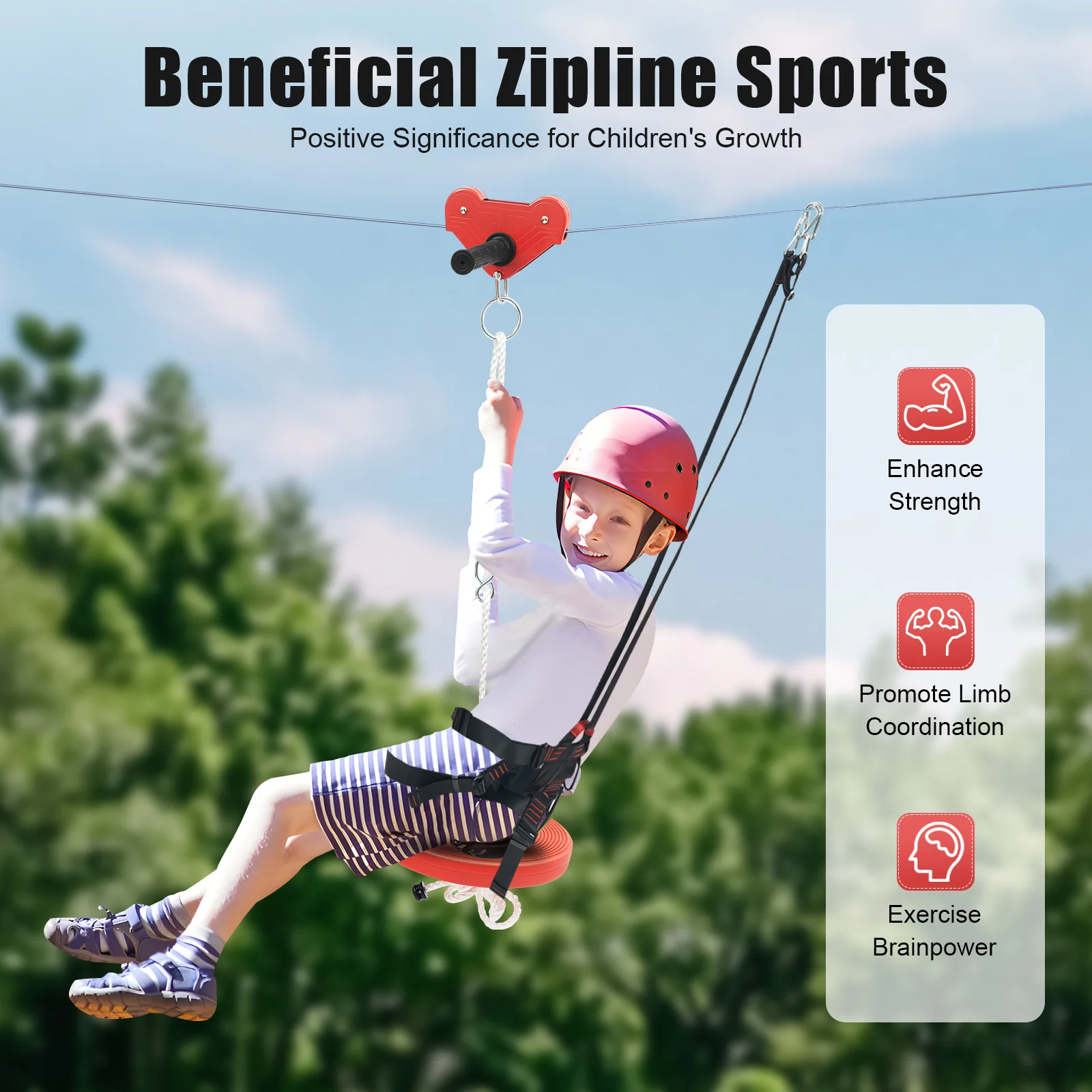Conjunto infantil Zipline Adventure – Aço resistente e freio de segurança, diversão ao ar livre no quintal, maiores de 3 anos, fácil montagem, presente perfeito para família