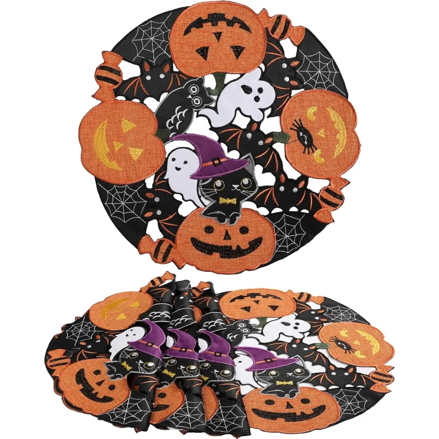 

Набор салфеток на Хэллоуин из 4 черных круглых салфеток с вышивкой, 15 дюймов, осенние тыквы на День Благодарения, украшения стола для кухни