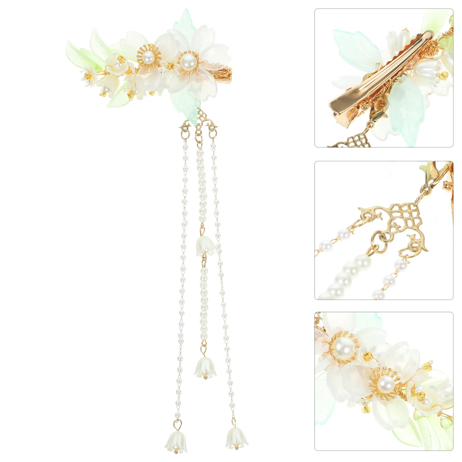 

2Pcs Lily of The Valley Flower Hair Clips Chinese Style Elegant Pearl Tassel Decorative Hair Accessories for Women Girls Hanfu