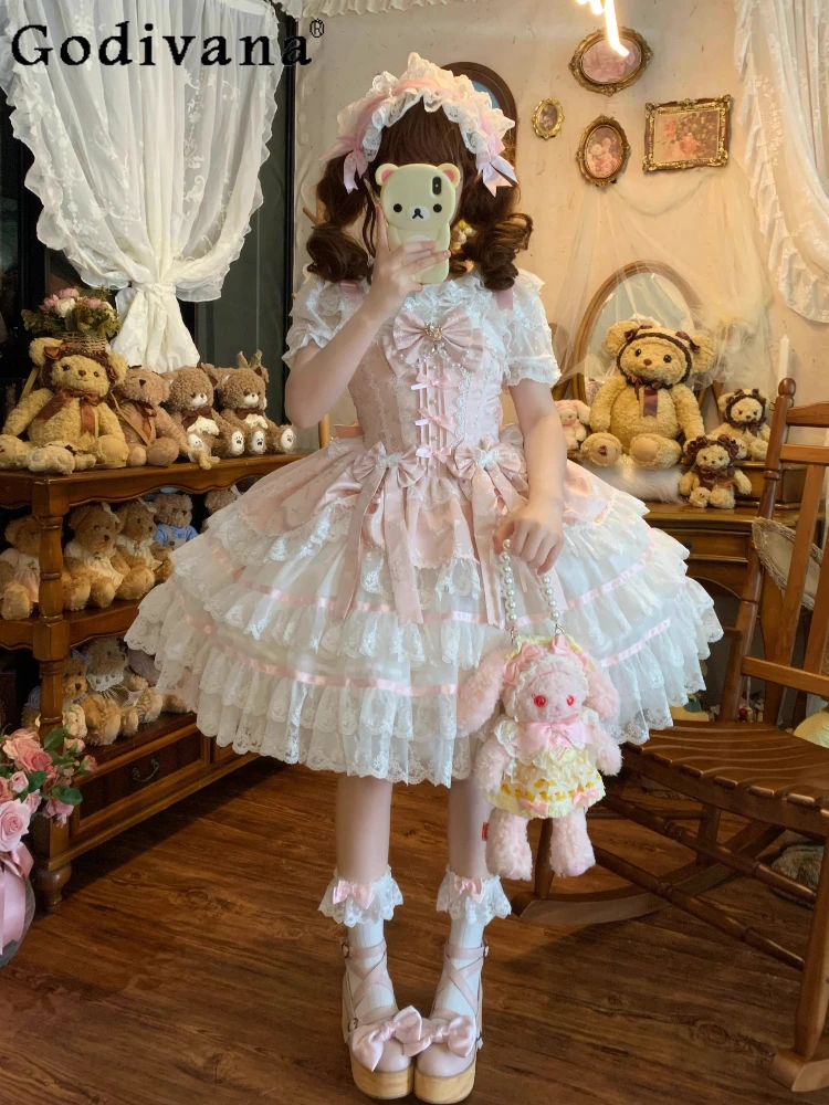 

Original Sweet Lolita Pink Princess Dresses Set New 2025 Japanese Girls Cute Bow Lace Edge Bow Tail Sling Dress JSK Vestidos