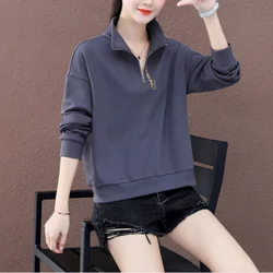 Women's Clothing Oversize Versatile Fashion Autumn and Winter New Zipper Letter Standing Neck Long Sleeve Solid Color Pullover