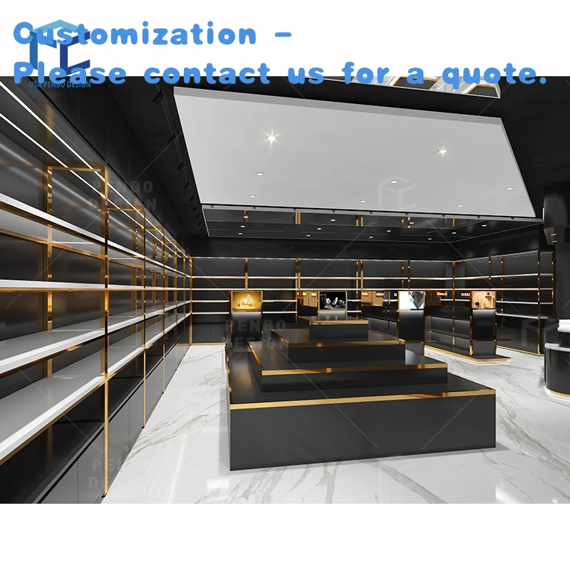 custom.High End Black Make up Cosmetic Display Shop Interior Design Retail Cosmetic Display Shelves Wooden Showcase Perfumes