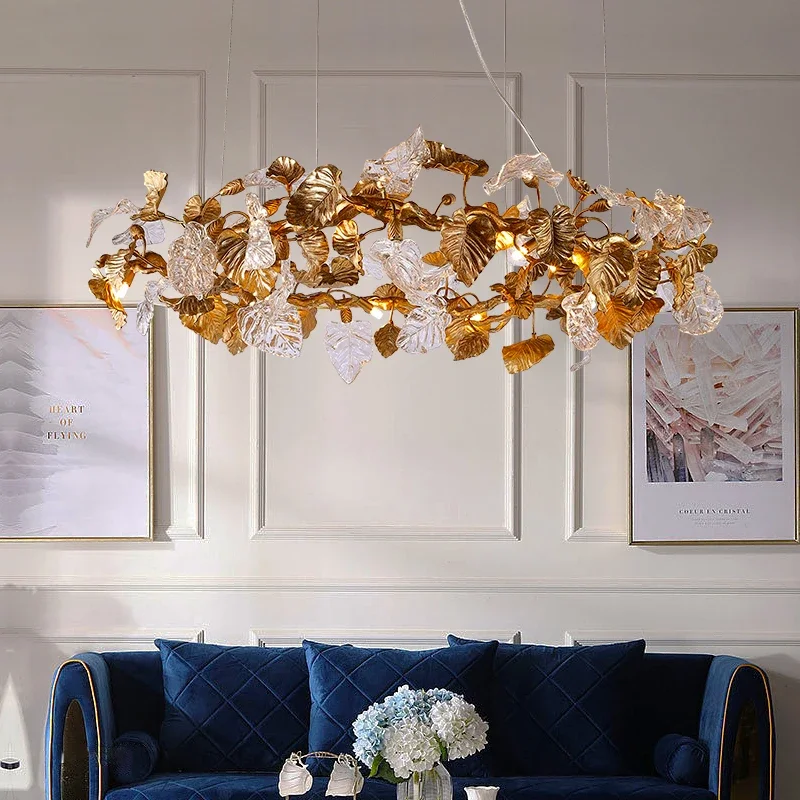 2026new Light Luxury All Copper Living Room Pendant Lamp Modern Bedroom Leaf Restaurant Lamp Villa Hotel Front Desk Pendant Lamp