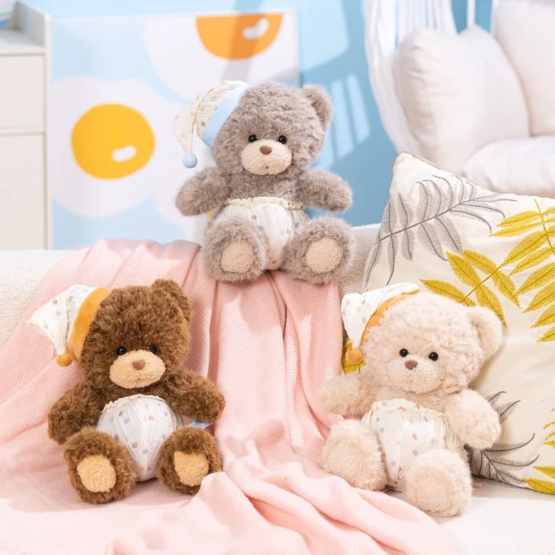

Cute Sleepy Teddy Bear Plush Toy 3 Colors with Nightcap and Diaper Soft Fluffy Stuffed Animal for gifts.