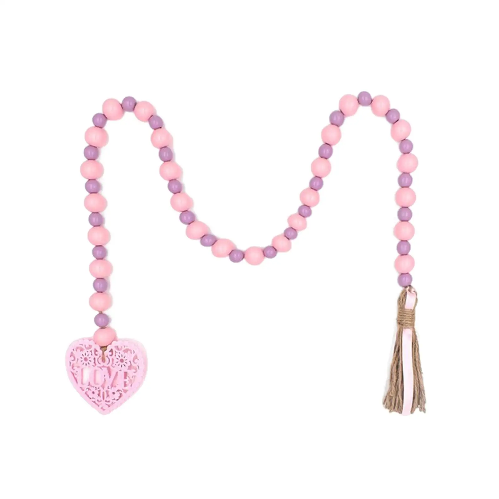 Wood Bead Garland with Love Pattern and Tassel for Party Decor Farmhouse Rustic Home Accent Hanging