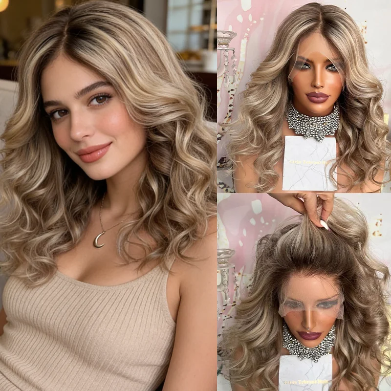 

Синтетический парик балаяж светло-аскетически-блонд, короткий волнистый, с кружевной передней частью 13x4, с темными корнями и мелированием, для косплея и вечеринок, для женщин