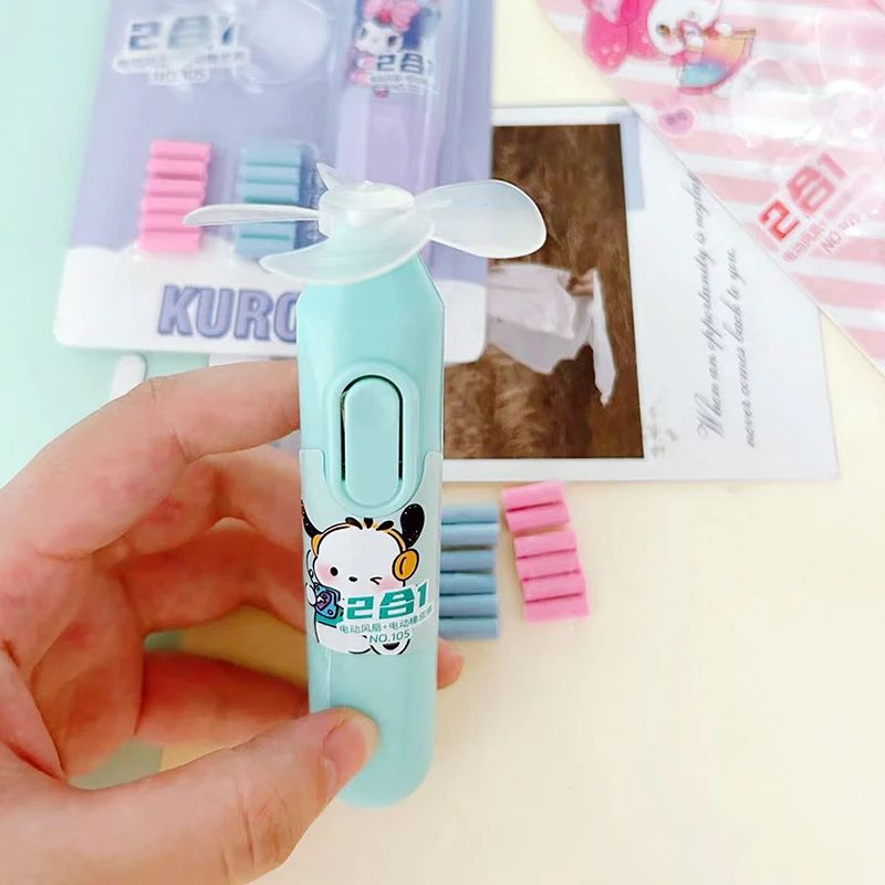 Sanrio 2in1 Multifunction Electric Eraser With Fan Kuromi Melody Electric Eraser Mini Portable Fan Chip Eraser Set