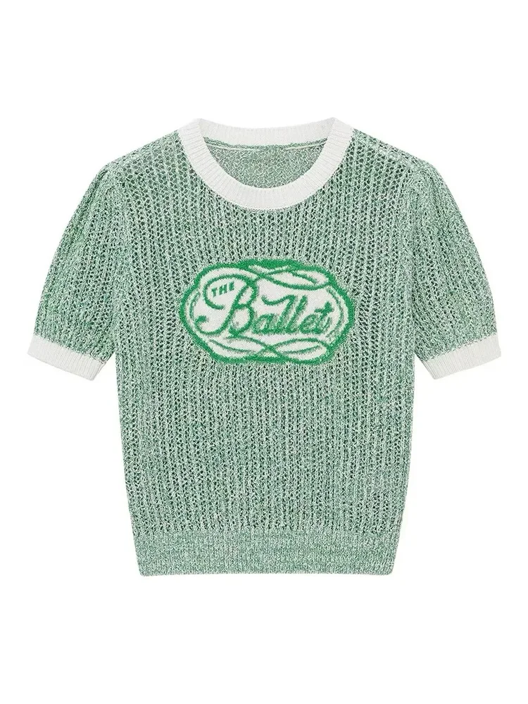 

Summer Hollow Knit Sweater T-shirt Women Pullovers Tops Letters Embroidery Short Sleeve O-neck Tees Knitwear Fashion Chic Jumper