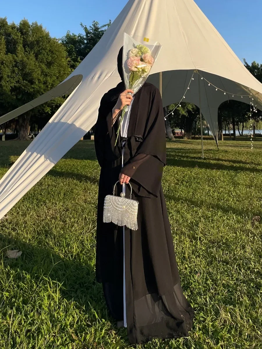 

Комплект из двух предметов: мусульманское платье-абайя для женщин с рюшами на рукавах, длинный кардиган, арабская дубайская абайя, мусульманский ансамбль, платья-абайи