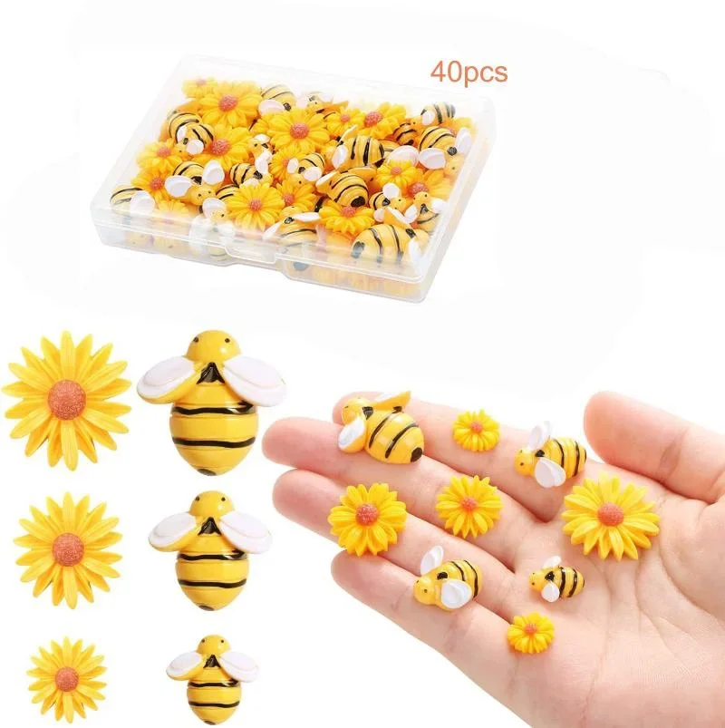 40Pcs Resin Bees Daisy Decor Bumblebee Sunflowers Embellishment Charms with Storage Box for Wreath Scrapbooking Party Home Decor