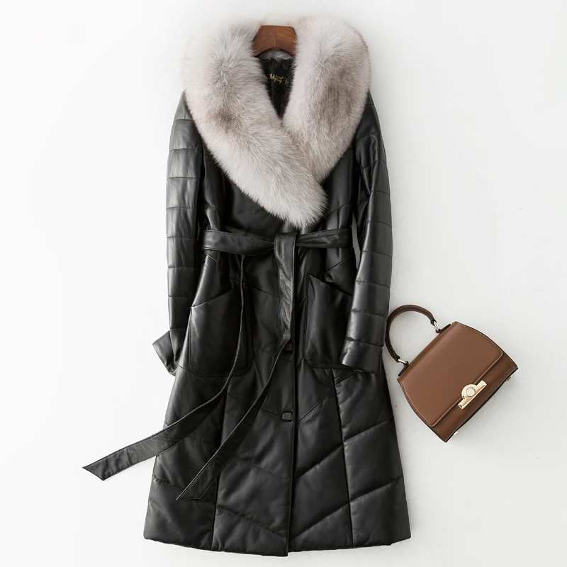 Tcyeek Real Fox Fur Collar Winter Coat Women Long Genuine Leather Female Jacket Fur Coat Women Warm Down Jackets Casaco Pele