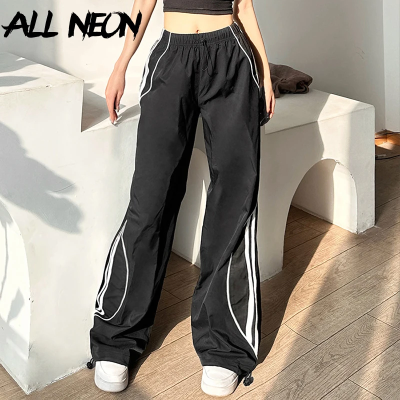 ALLNeon Cyber Y2K High Waist Full Length Straight Pants Casual Sproty Loose Drawstring Pant Women Basic Trousers Goth Streetwear