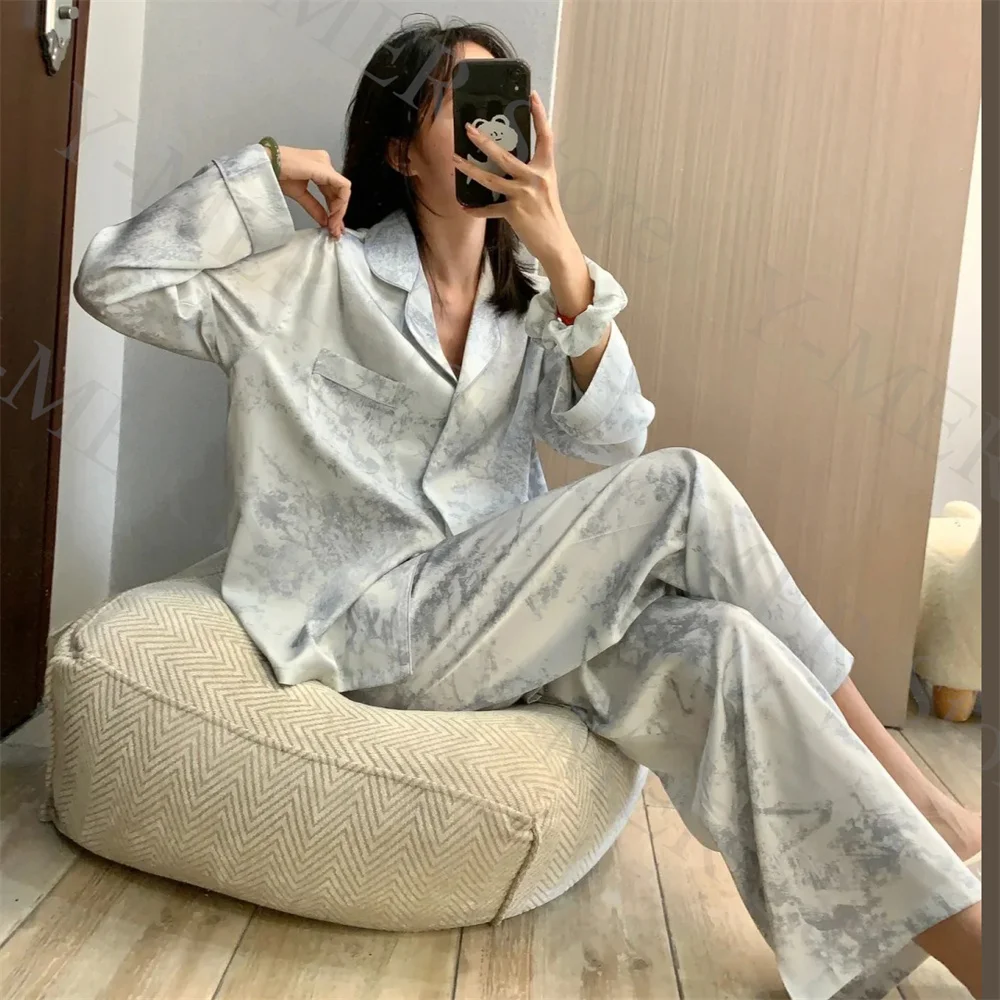 Grey Print Pajamas Set 2024 Summer New Sleepwear Nightwear Lady Ice Silk Home Clothing Sexy 2Pcs Pyjamas Loungewear Outfit