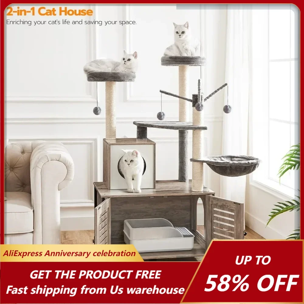 Cat Tree with Litter Box Enclosure Scratching Posts for Indoor Cats All-in-One Wooden Cat House Furniture Cat Condo with Hammock