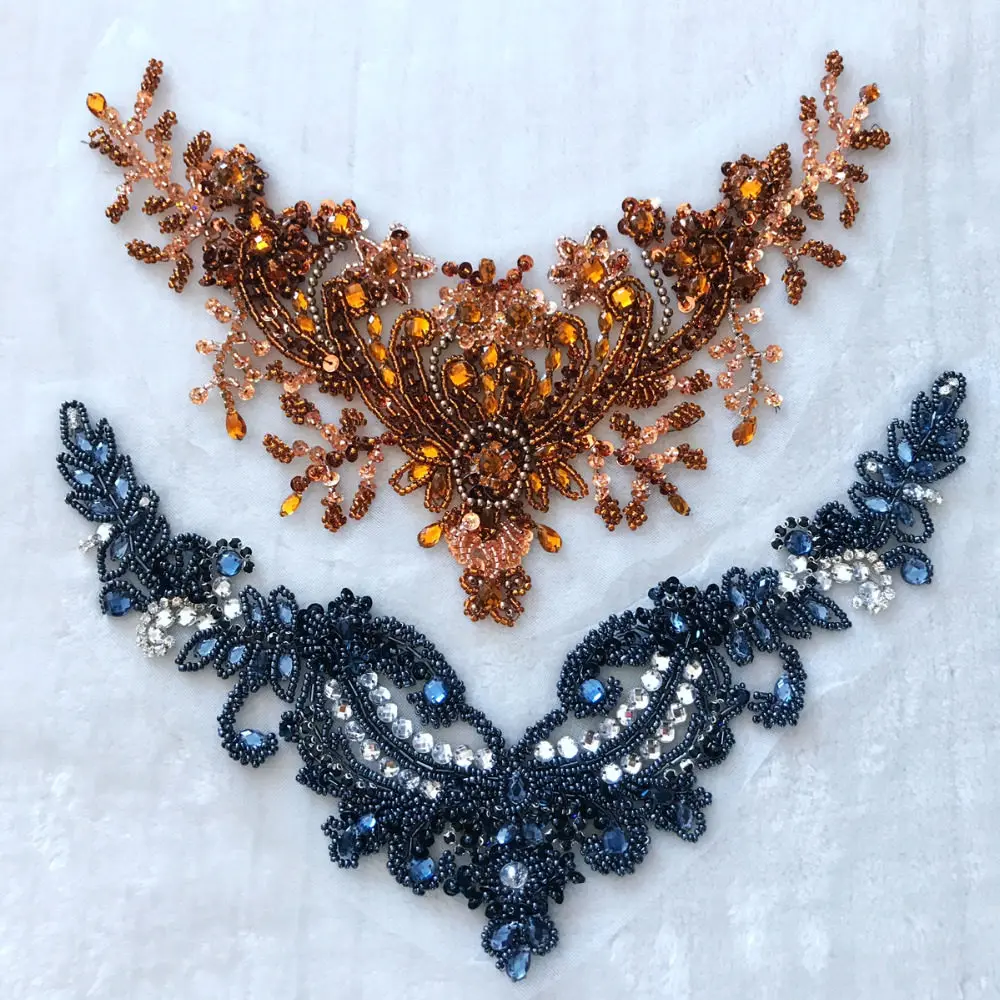 

2 Colors Neck DIY Bridal Evening Dress Decoration Trims Embellishment Hand-Sewn Crystal Sequin Appliqued Patches Accessories