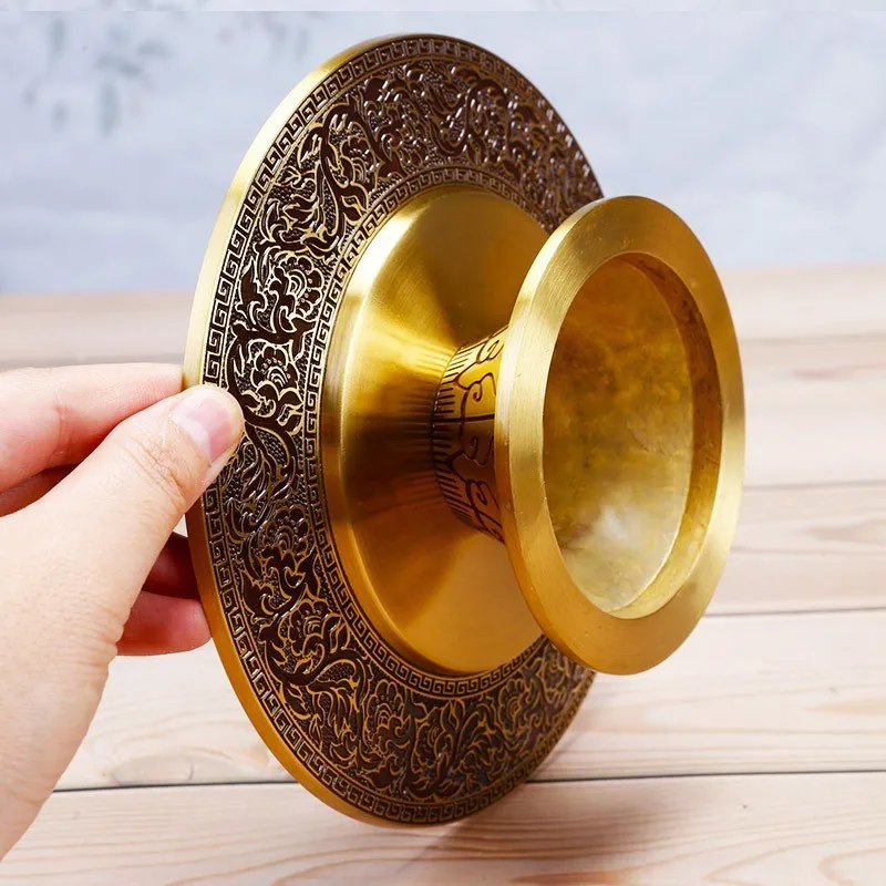 Pure copper tray, exquisitely hand-carved, for Buddhist altars, featuring Seven Treasures of the Mandala, a decorati