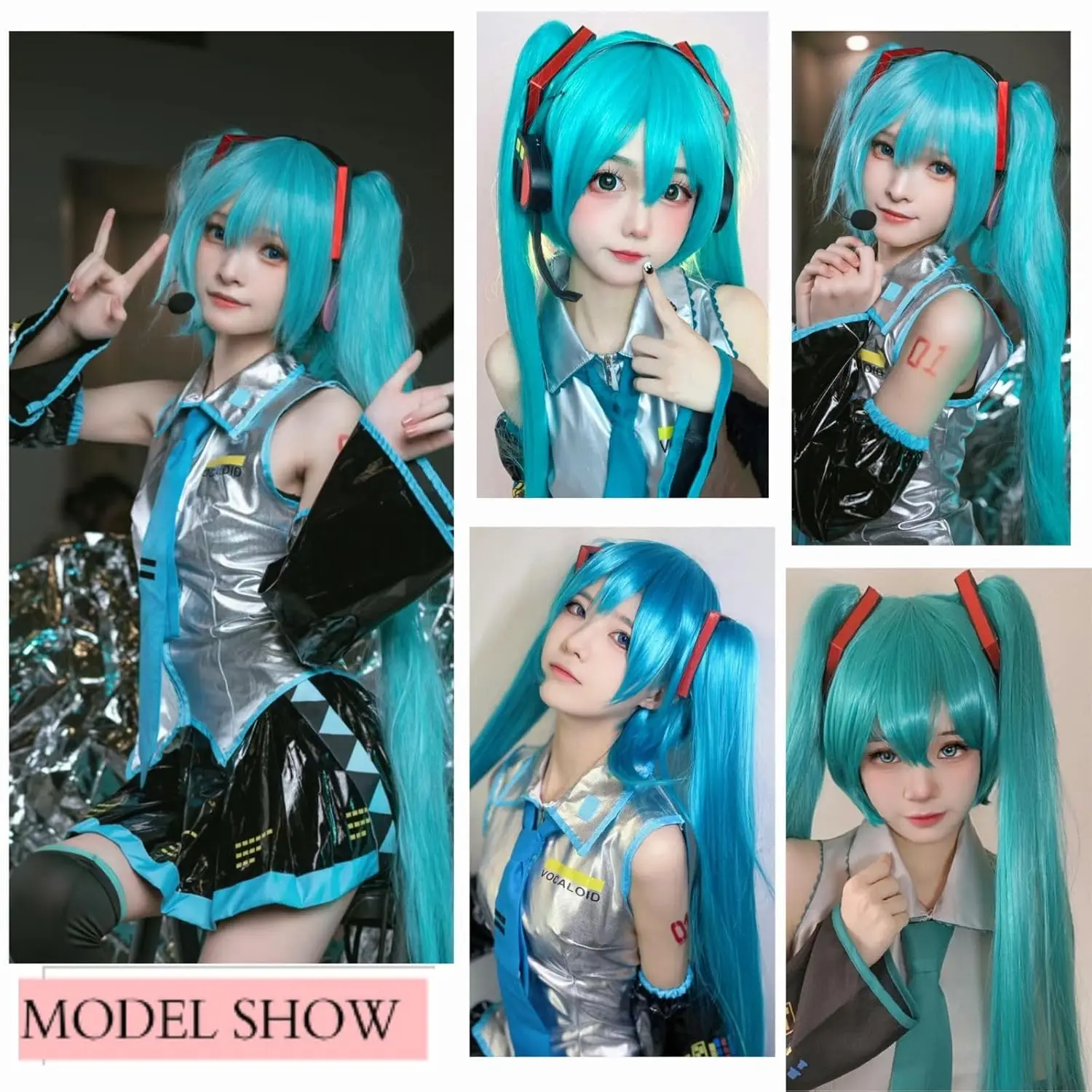 アニメコスプレグリーンウィッグコスプレボーカロイドグリーンティールウィッグダブルポニーテールウィッグ前髪付きロングヘア合成ウィッグ