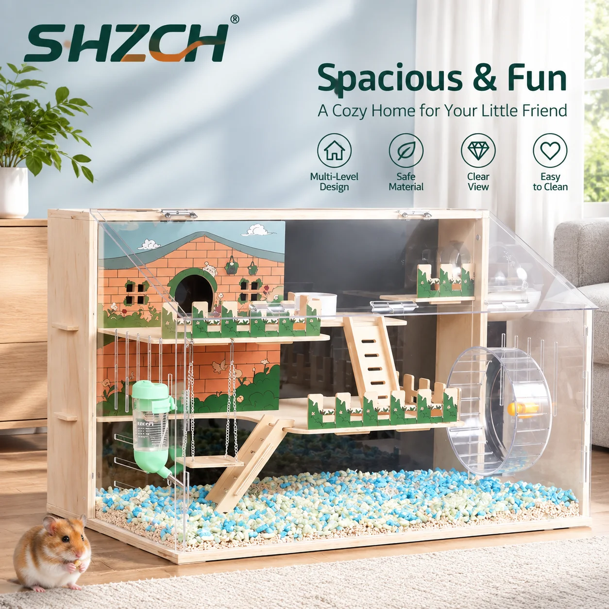 ‌Hamster Habitat - Acrylic Cage with 3 Levels, Detachable Playground for Dwarf/Hamsters, Ventilated Design & Chew Toys