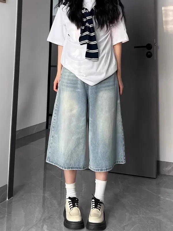 

Универсальные прямые джинсы в американском стиле ретро, женские летние тонкие широкие брюки на семи футов, повседневные свободные брюки с высокой талией