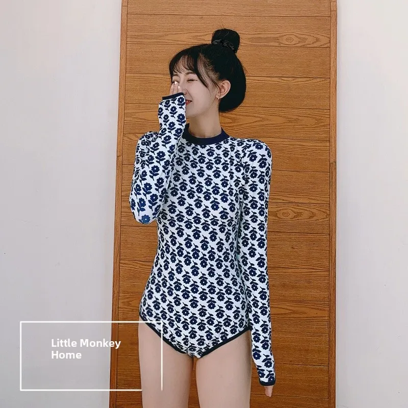 

Ins Fre Sle Thermal Spring One-Piece Swimsuit Long Sve Women's Swimming Suit Slimming Belly Cover up Conservative Chest