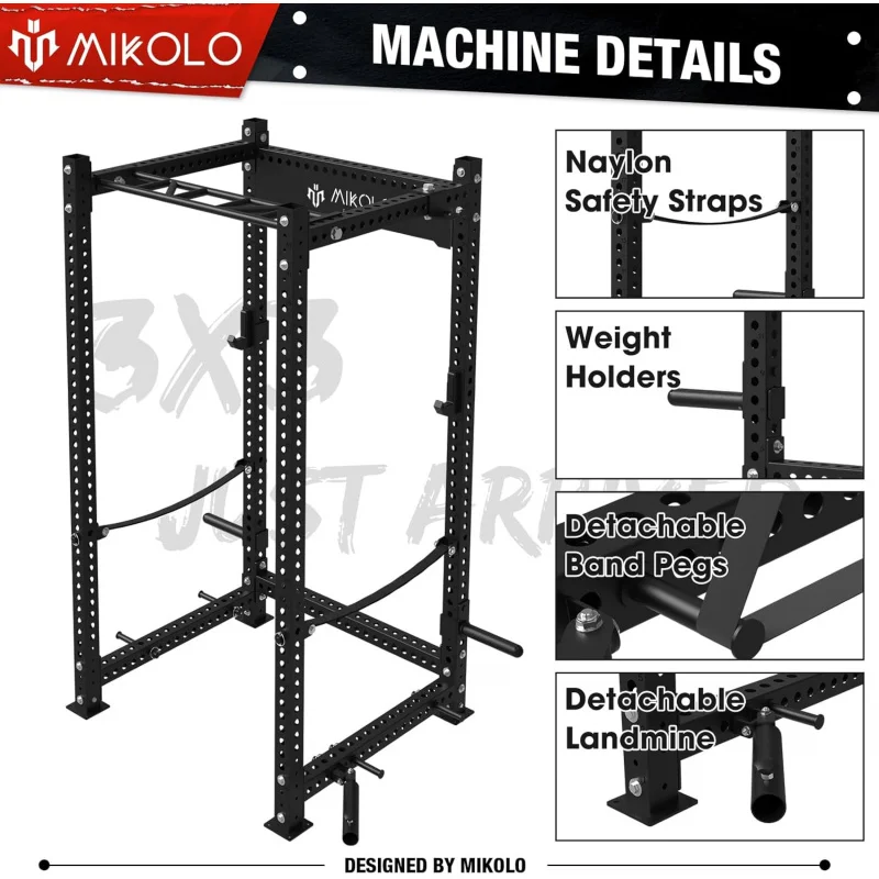 

（TTU） 2000lbs Power Rack, Multi-Function Squat Cage, 3"x 3"Commercial Rack for Home Gym with Attachment Set (Red/Black) OT