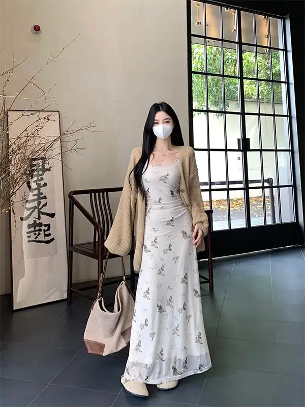 

plus Size Fashionable Knitted Set Autumn New Lazy Style Sweater Cardigan Outer Long Sleeve Floral Dress Two-Piece Suit for Women