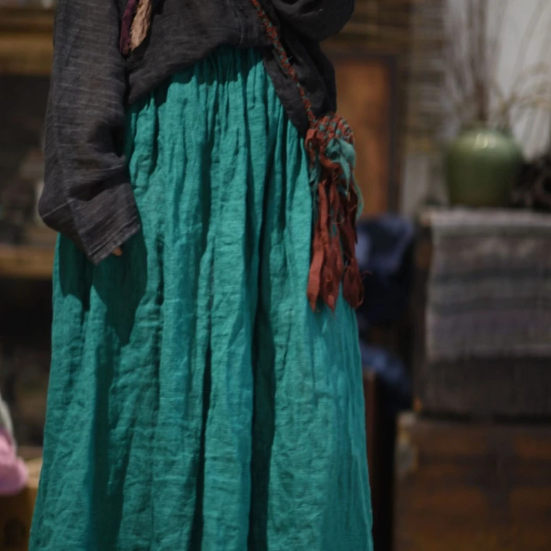 

Women Linen Vintage A-Line Skirts Elastic Waist Solid Color Patchwork Retro Long Ramie Original 2026 Spring New Female Skirts